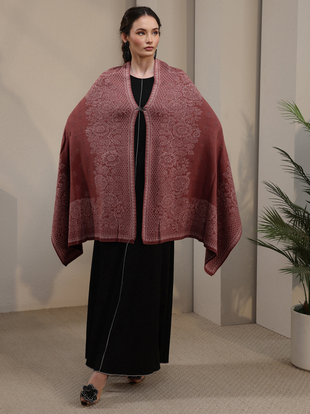  Libas Dusty Rose Pink Floral Embroidered Acrylic Wrap Shawl 
