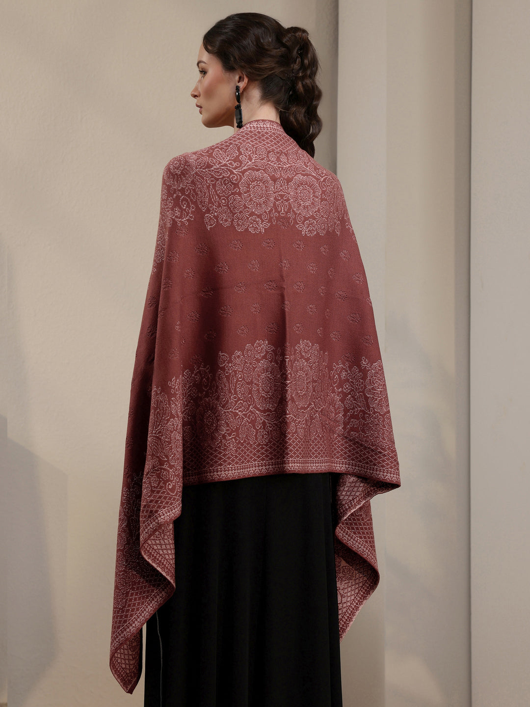  Libas Dusty Rose Pink Floral Embroidered Acrylic Wrap Shawl 
