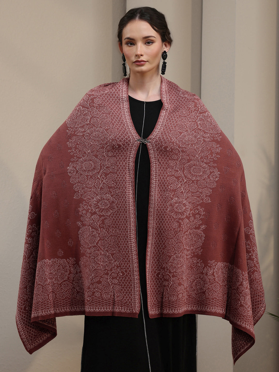  Libas Dusty Rose Pink Floral Embroidered Acrylic Wrap Shawl 