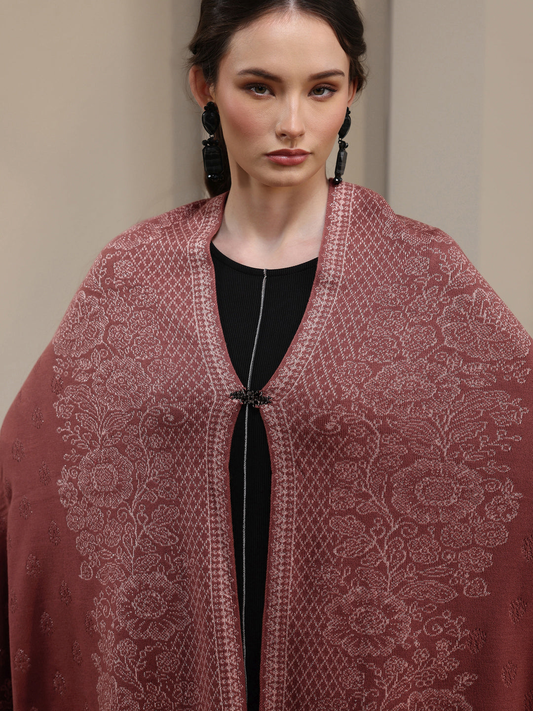  Libas Dusty Rose Pink Floral Embroidered Acrylic Wrap Shawl 