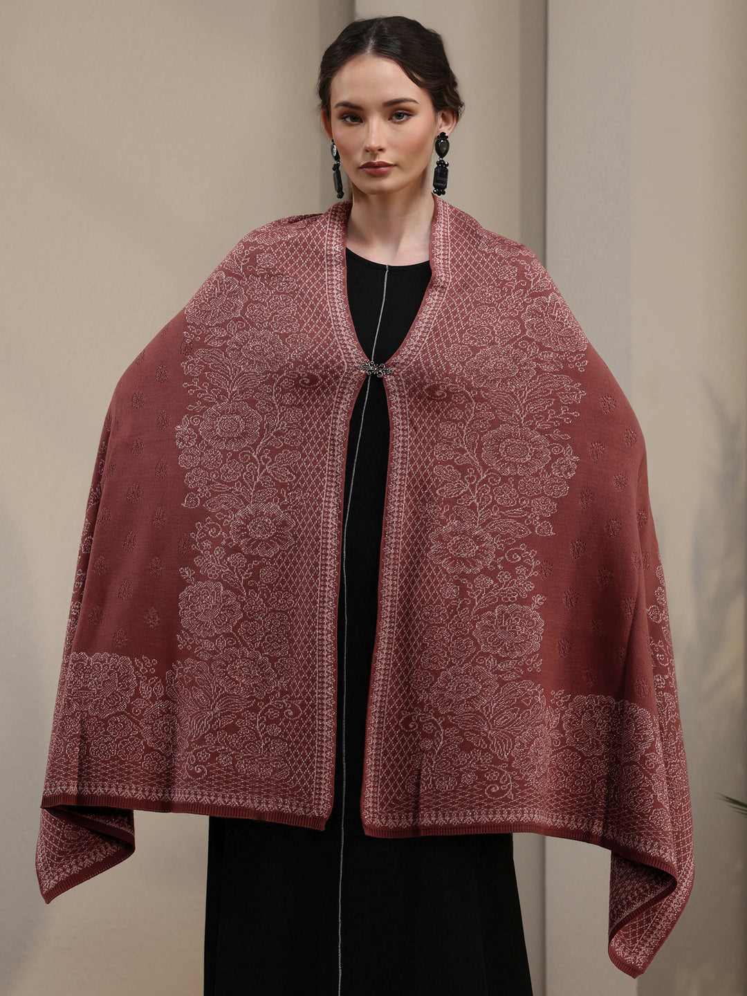  Libas Dusty Rose Pink Floral Embroidered Acrylic Wrap Shawl 