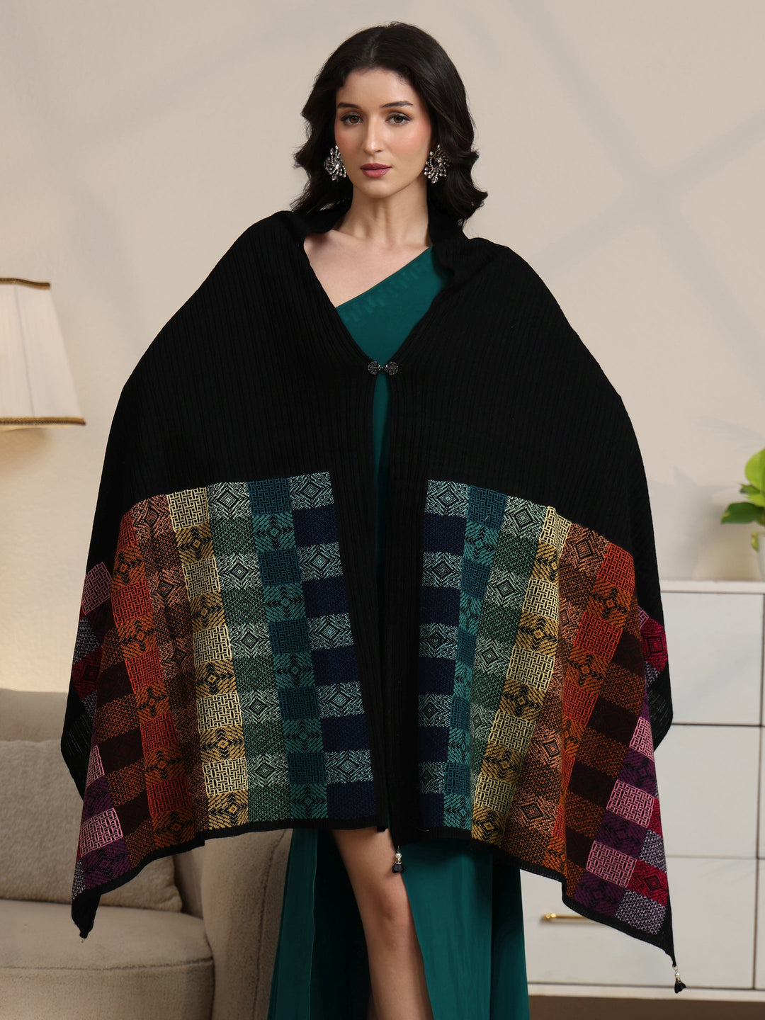  Libas Black Geometric Knitted Acrylic Wrap Shawl 