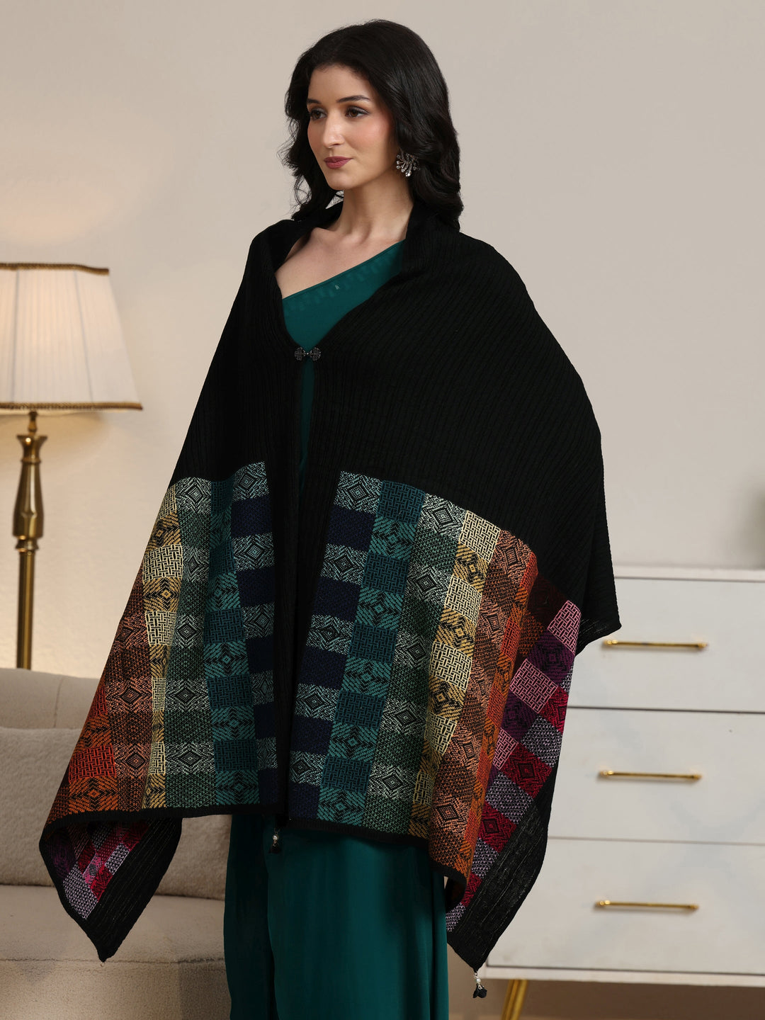  Libas Black Geometric Knitted Acrylic Wrap Shawl 