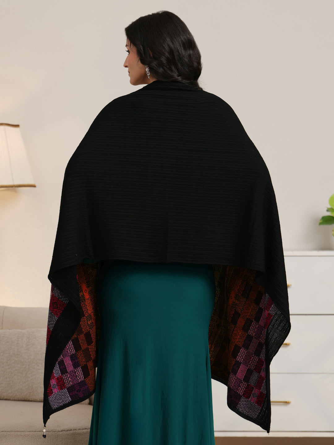  Libas Black Geometric Knitted Acrylic Wrap Shawl 