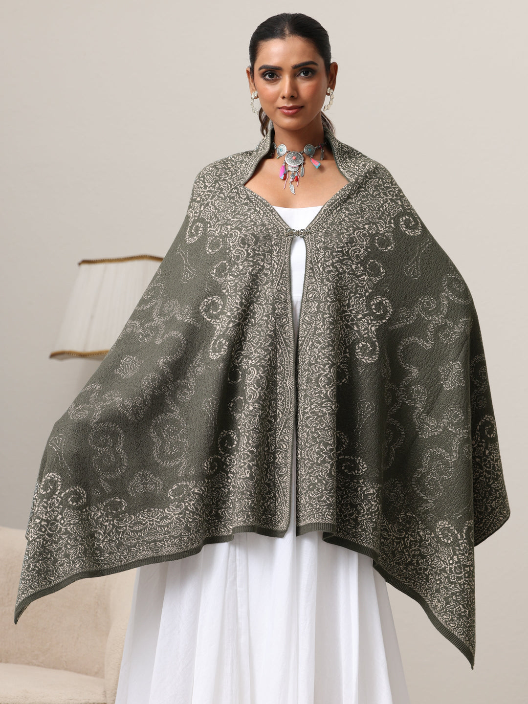  Libas Muted Moss Green Knitted Acrylic Wrap Shawl 