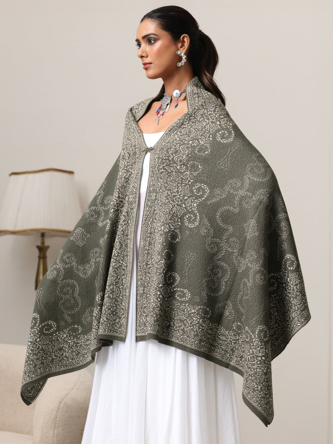  Libas Muted Moss Green Knitted Acrylic Wrap Shawl 