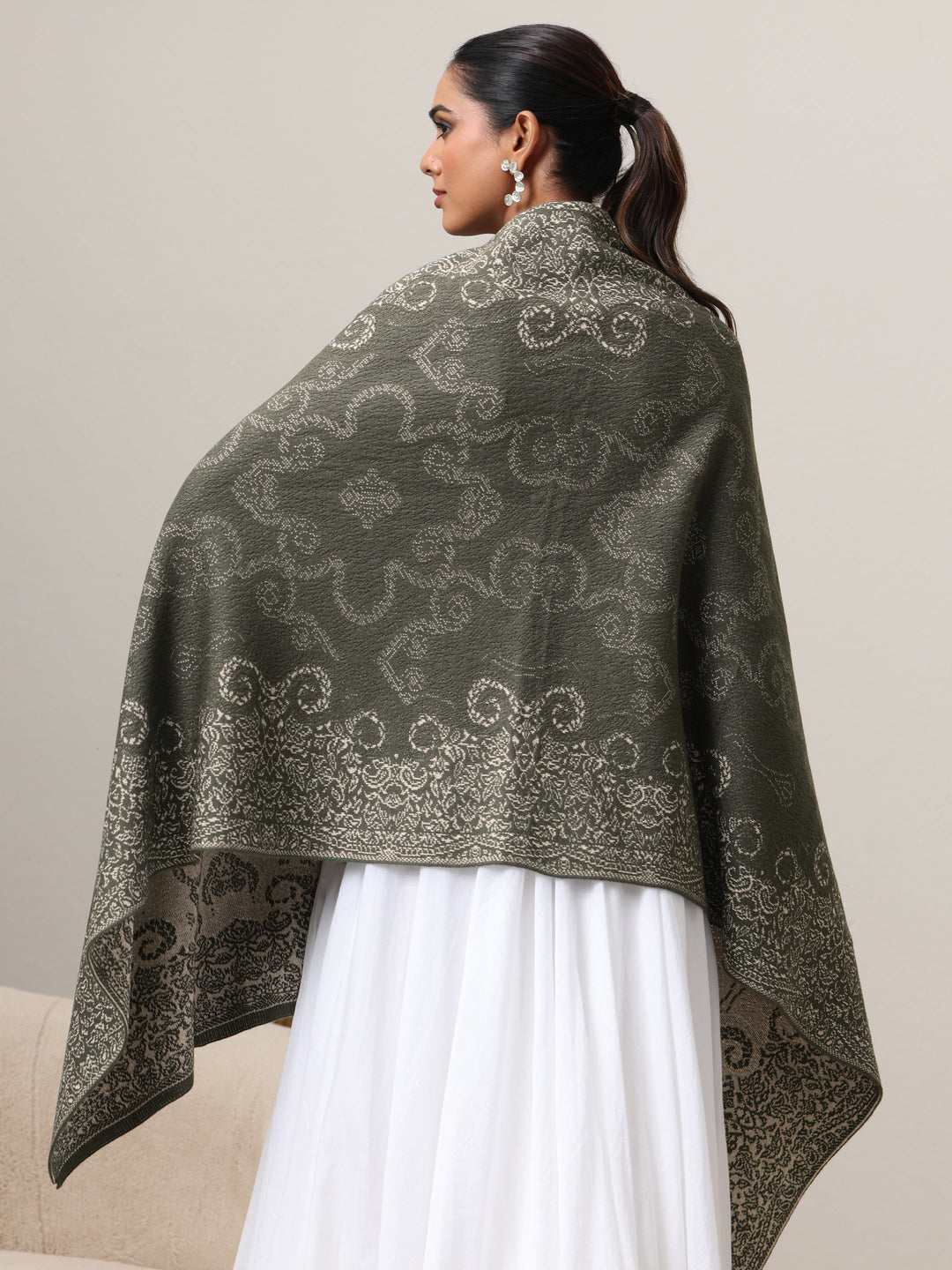  Libas Muted Moss Green Knitted Acrylic Wrap Shawl 