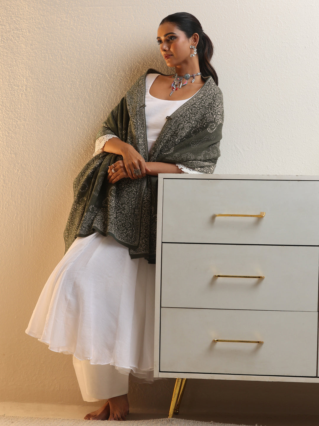  Libas Muted Moss Green Knitted Acrylic Wrap Shawl 