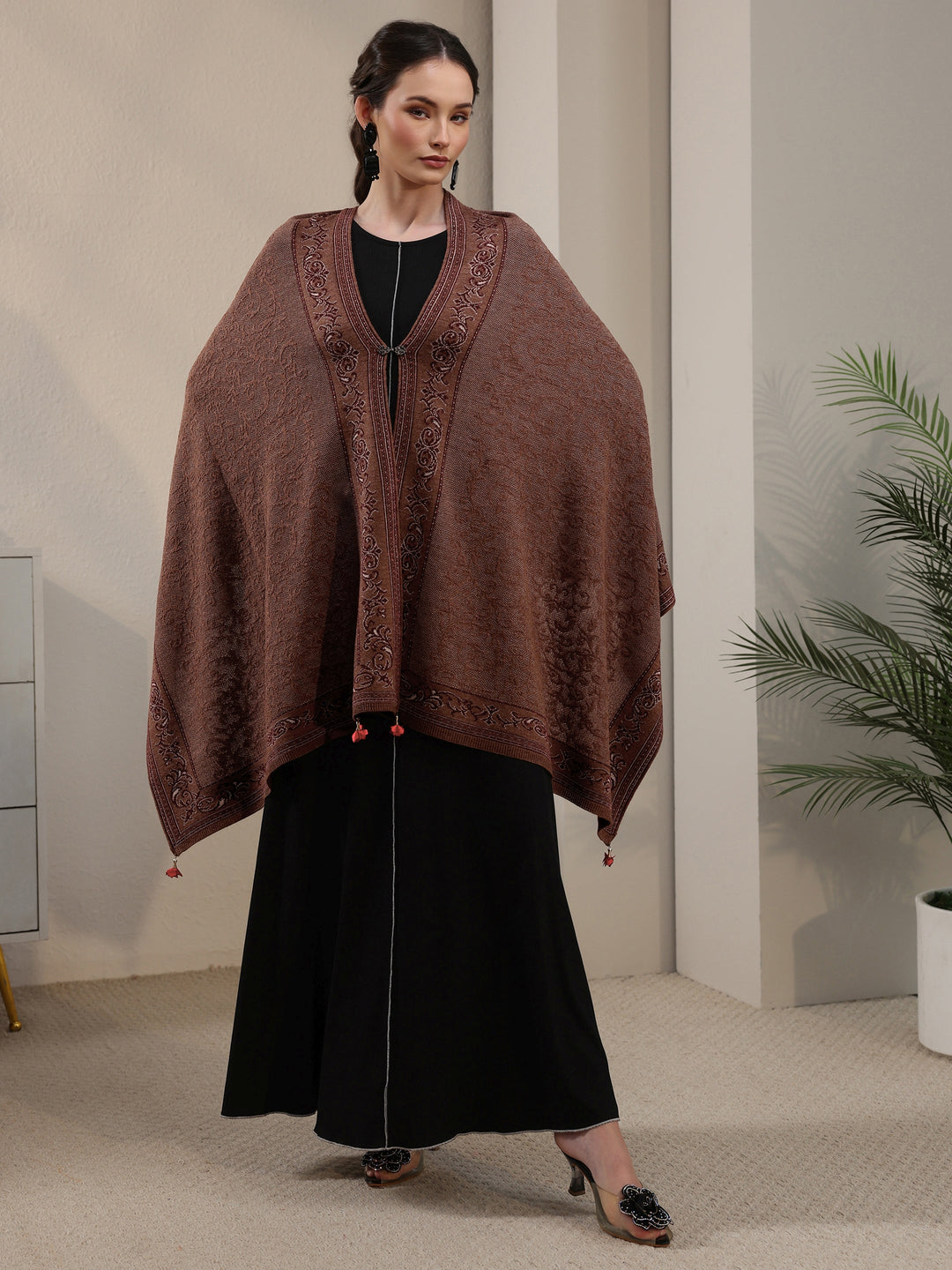  Libas Brown Ethnic Embrodiered Acrylic Wrap Shawl 