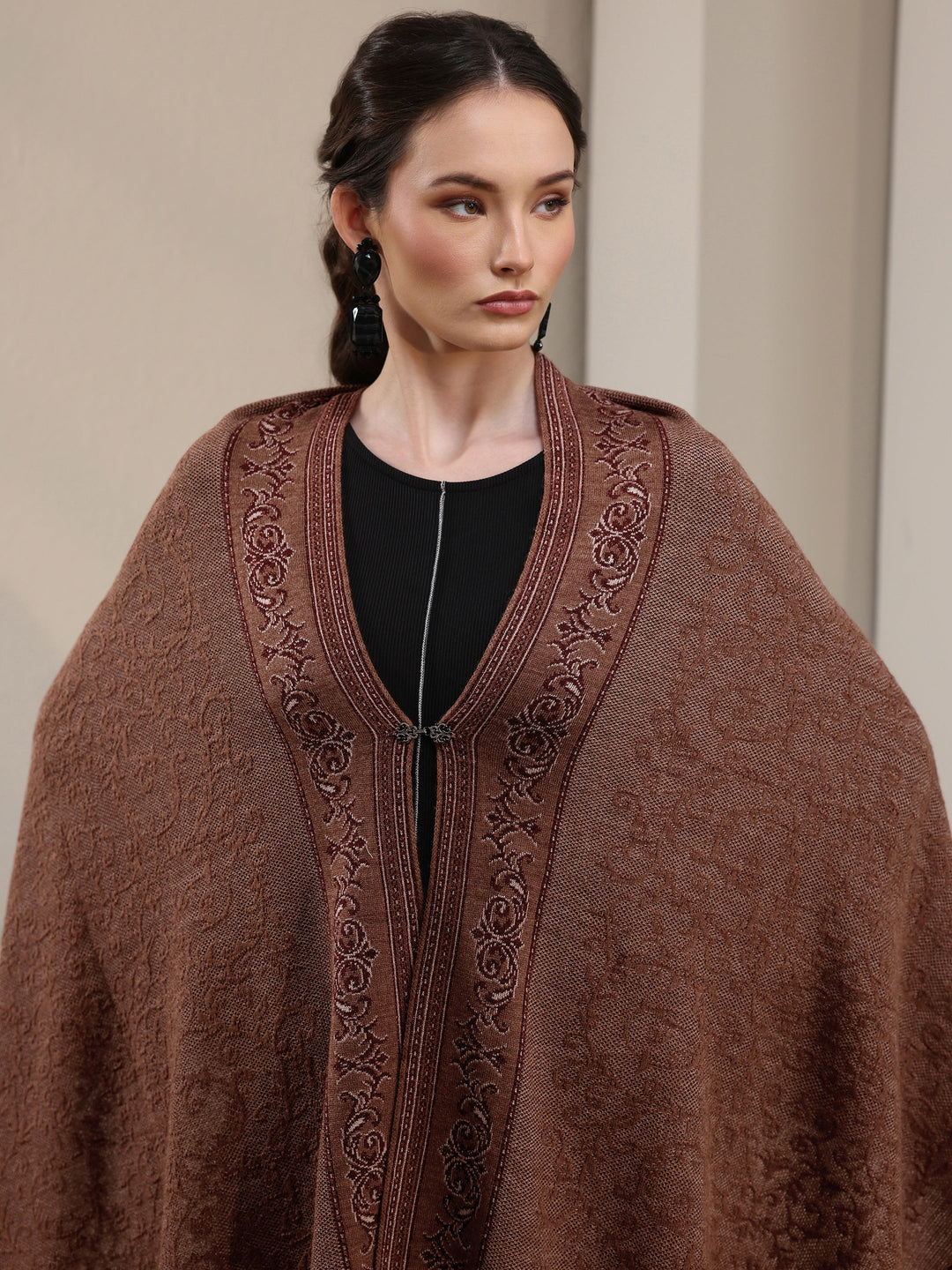  Libas Brown Ethnic Embrodiered Acrylic Wrap Shawl 
