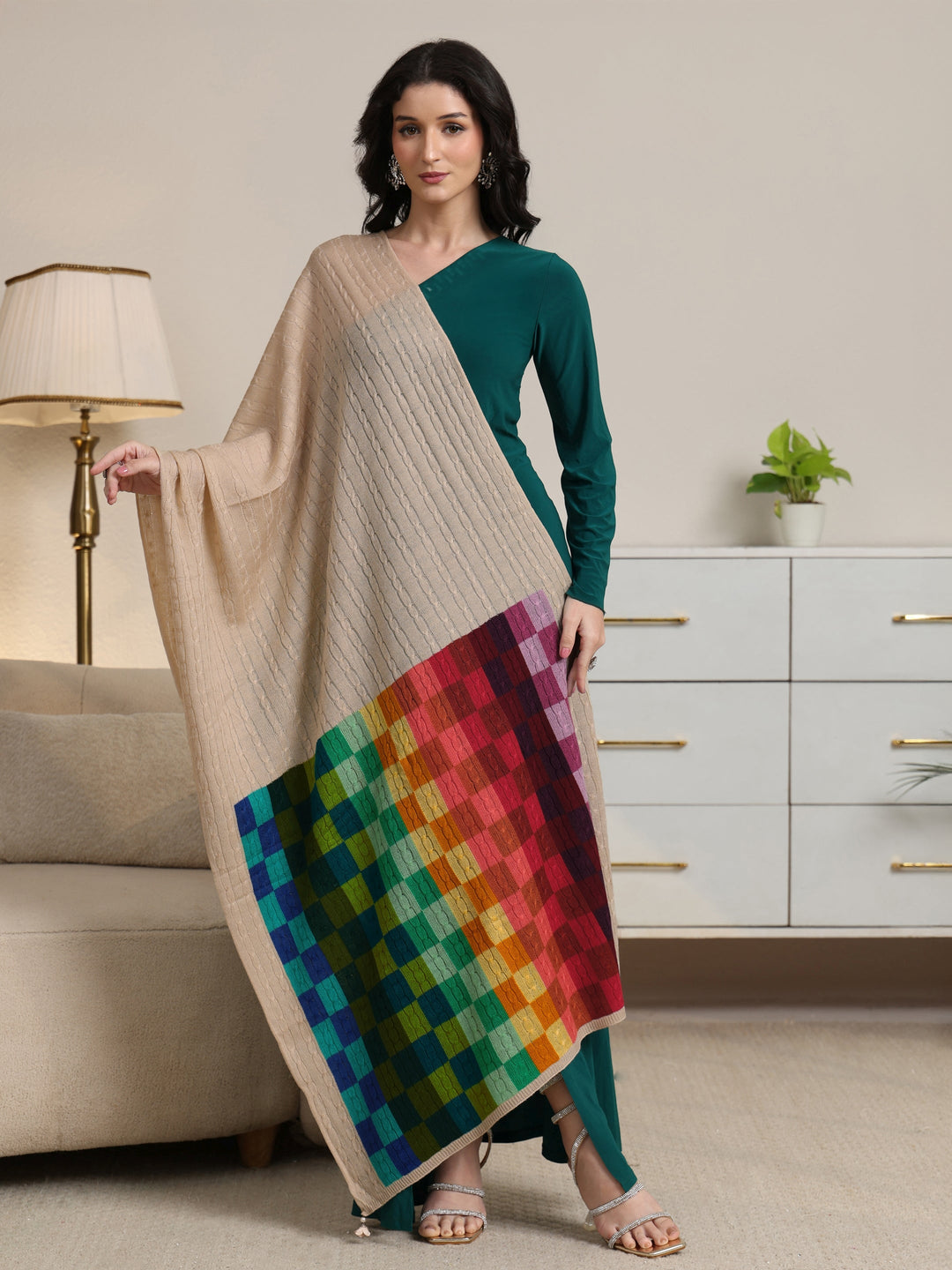  Libas Beige Geometric Knitted Acrylic Shawl 