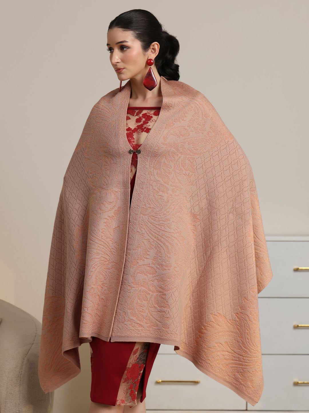  Libas Peach Floral Knitted Acrylic Shawl 