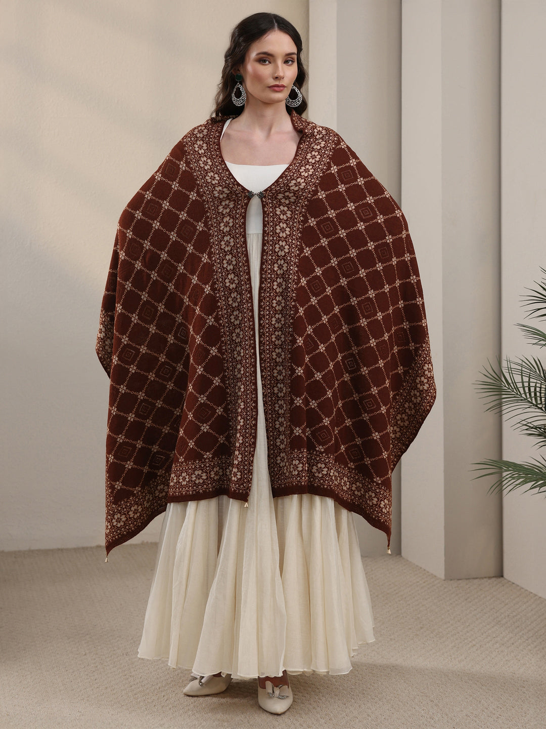  Libas Brown Jaal Pattern Embroidered Acrylic Wrap Shawl 