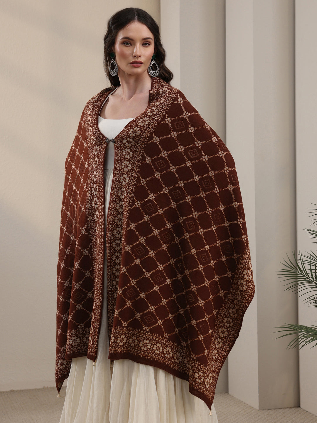  Libas Brown Jaal Pattern Embroidered Acrylic Wrap Shawl 