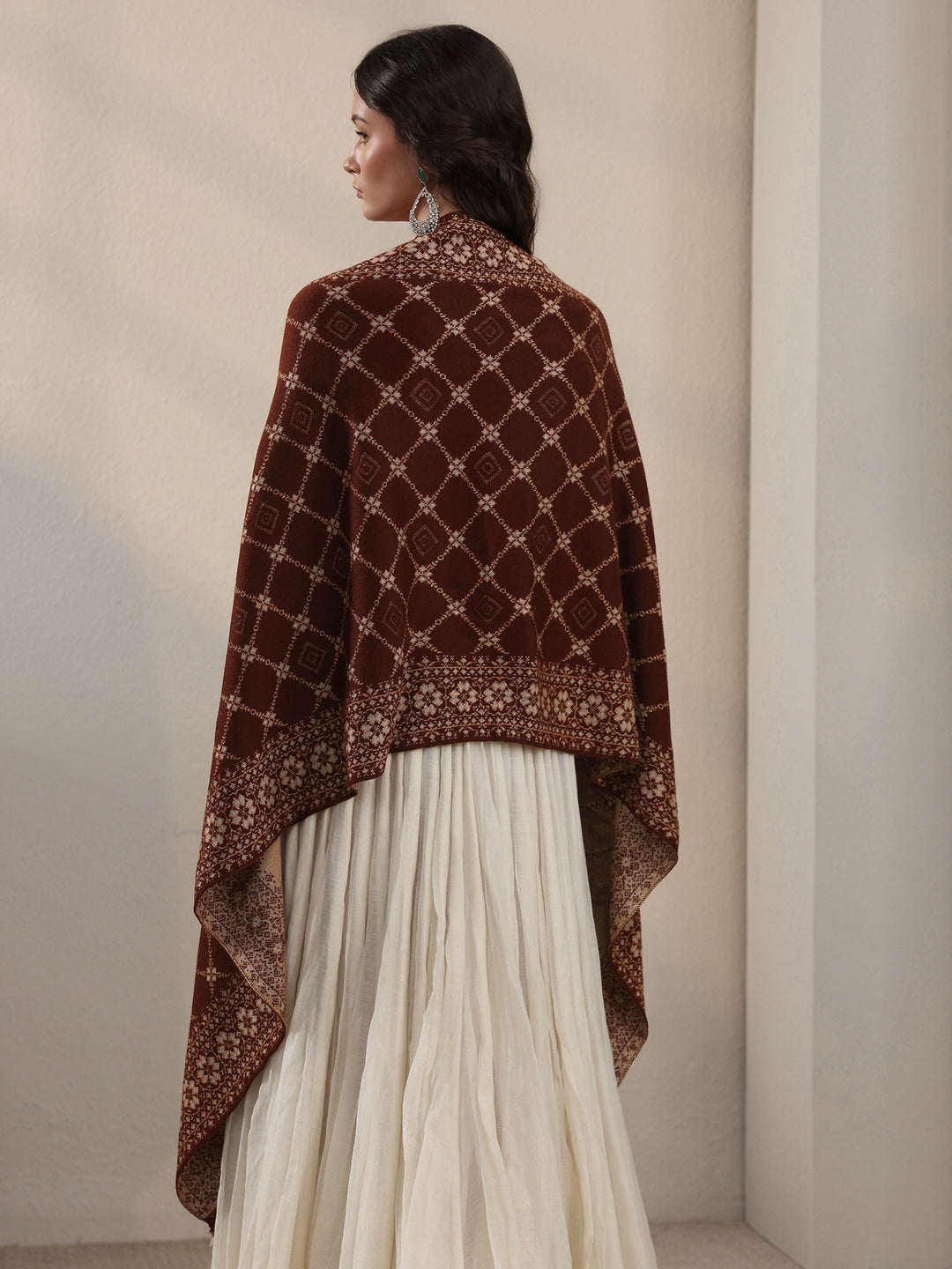  Libas Brown Jaal Pattern Embroidered Acrylic Wrap Shawl 