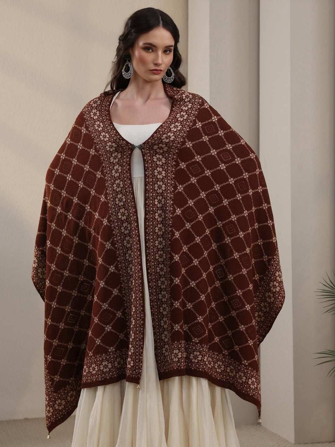  Libas Brown Jaal Pattern Embroidered Acrylic Wrap Shawl 