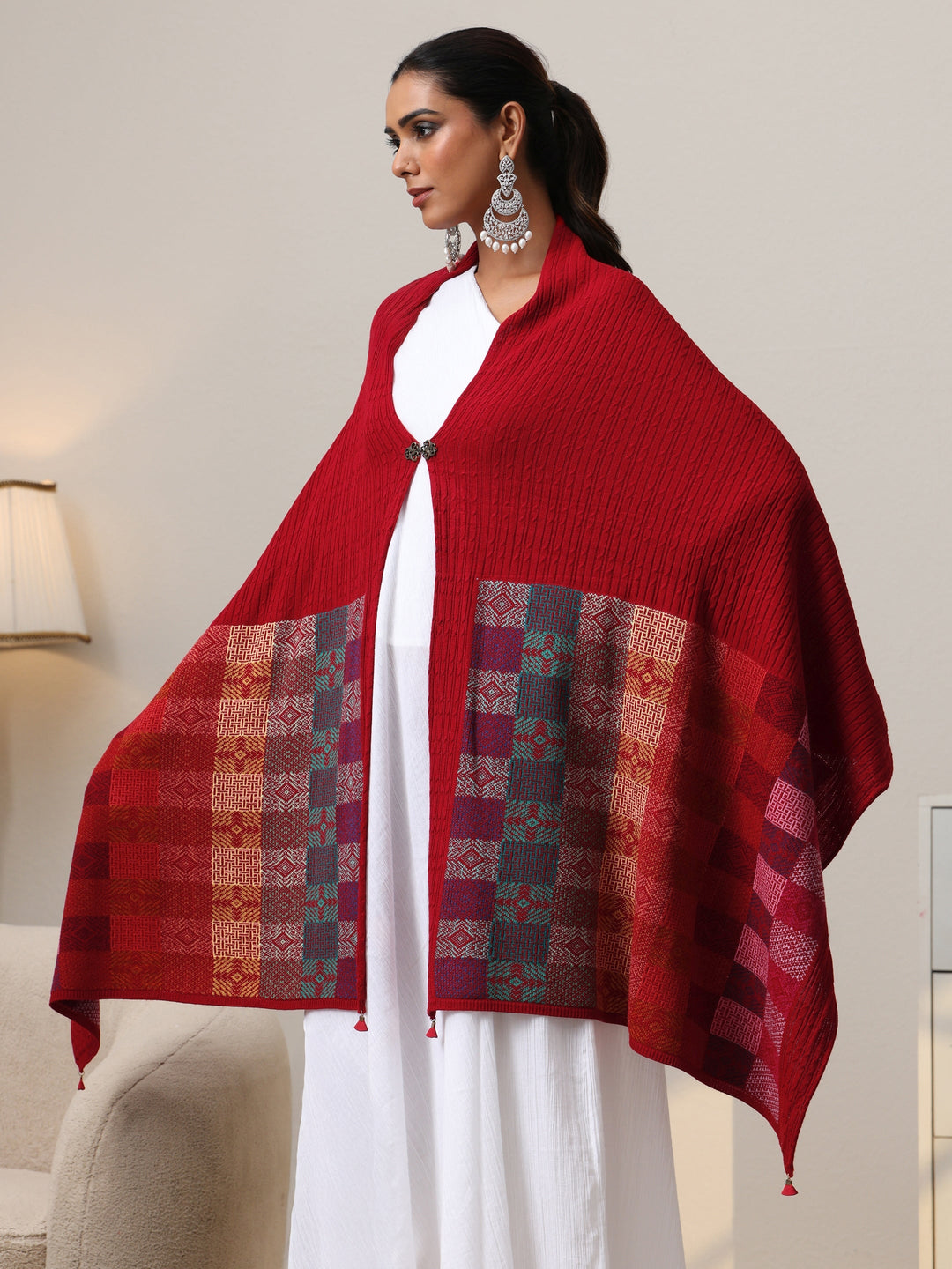  Libas Crimson Red Geometric Knitted Acrylic Wrap Shawl 