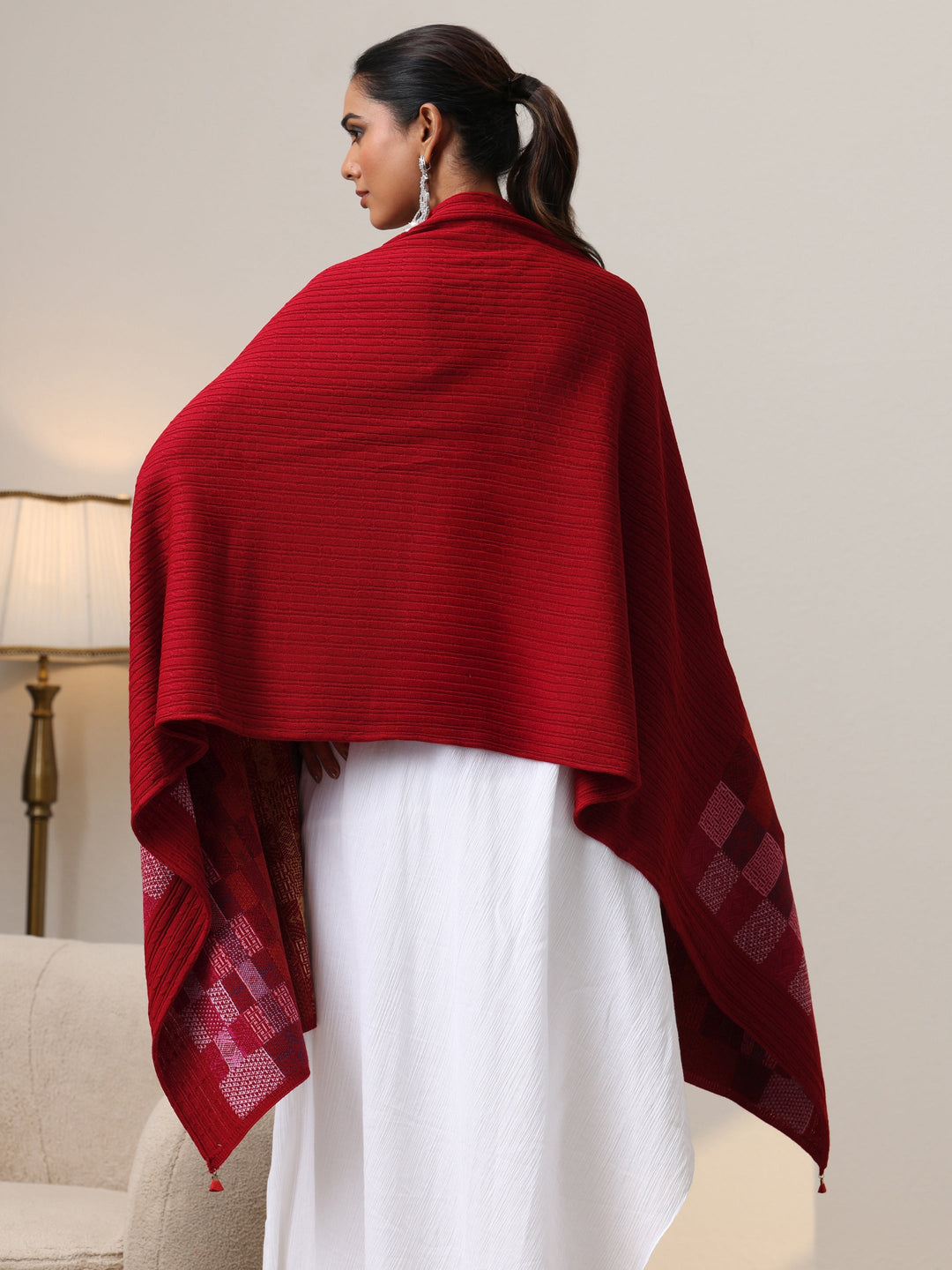  Libas Crimson Red Geometric Knitted Acrylic Wrap Shawl 