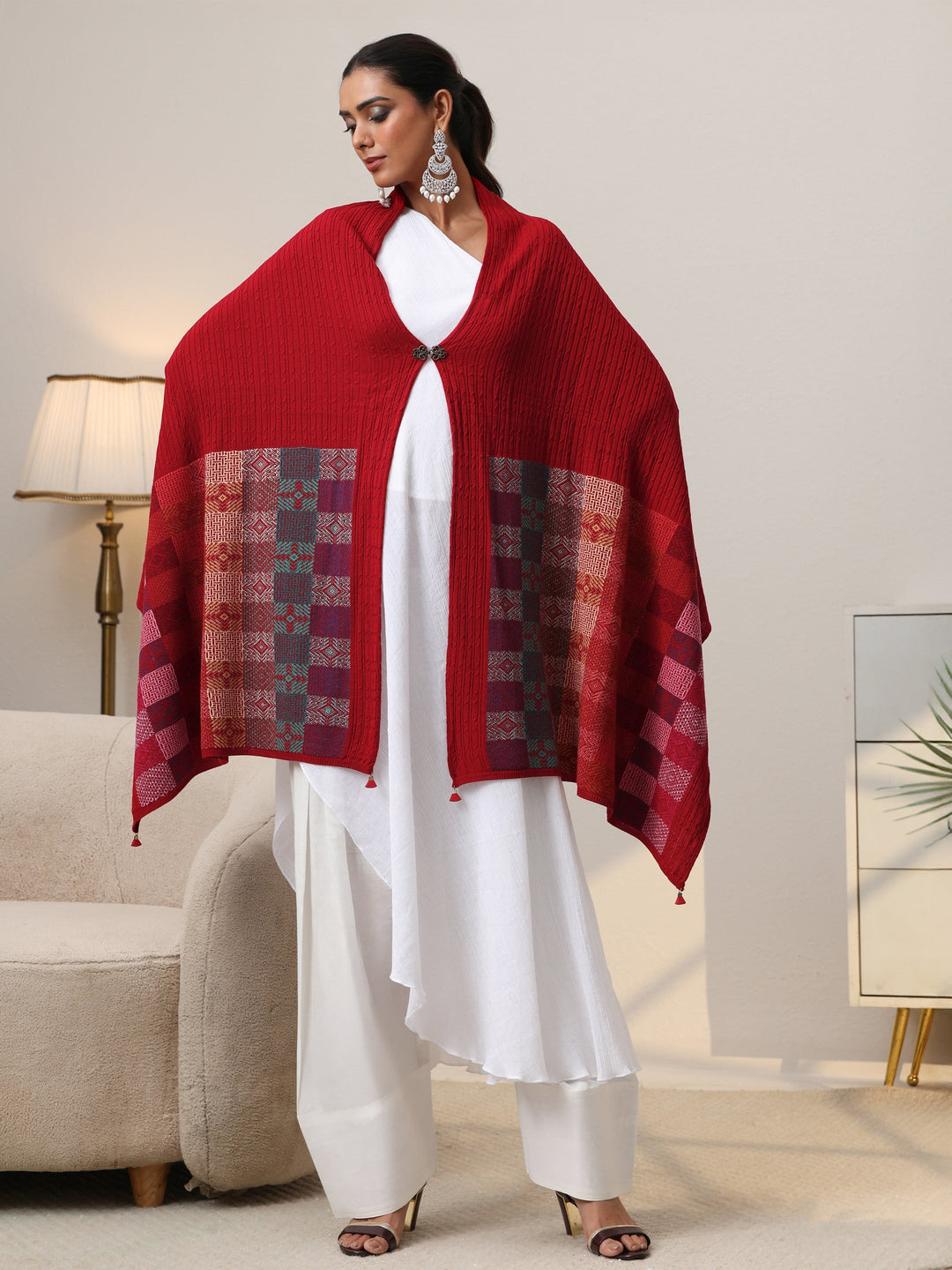 Libas Crimson Red Geometric Knitted Acrylic Wrap Shawl 