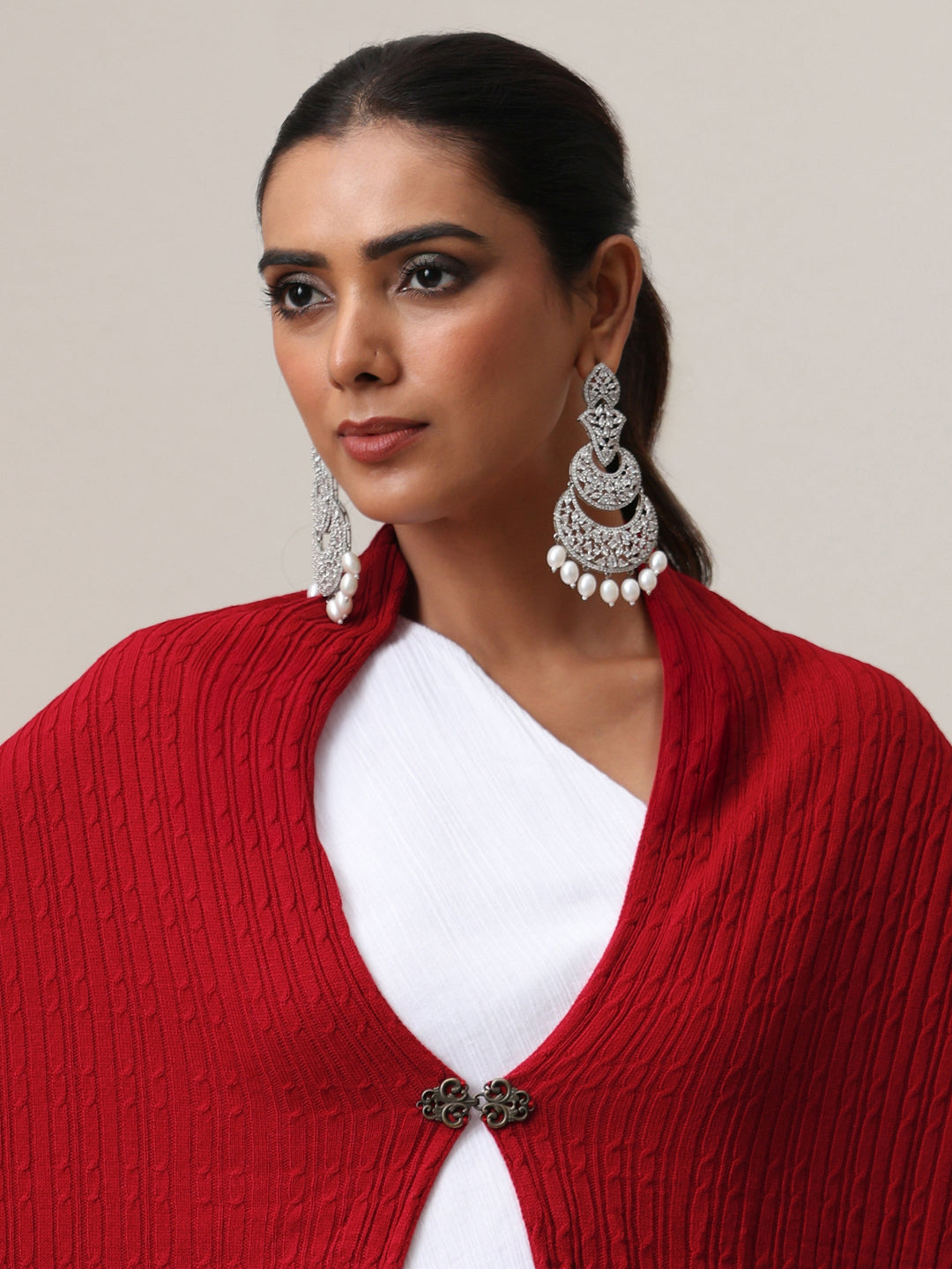  Libas Crimson Red Geometric Knitted Acrylic Wrap Shawl 