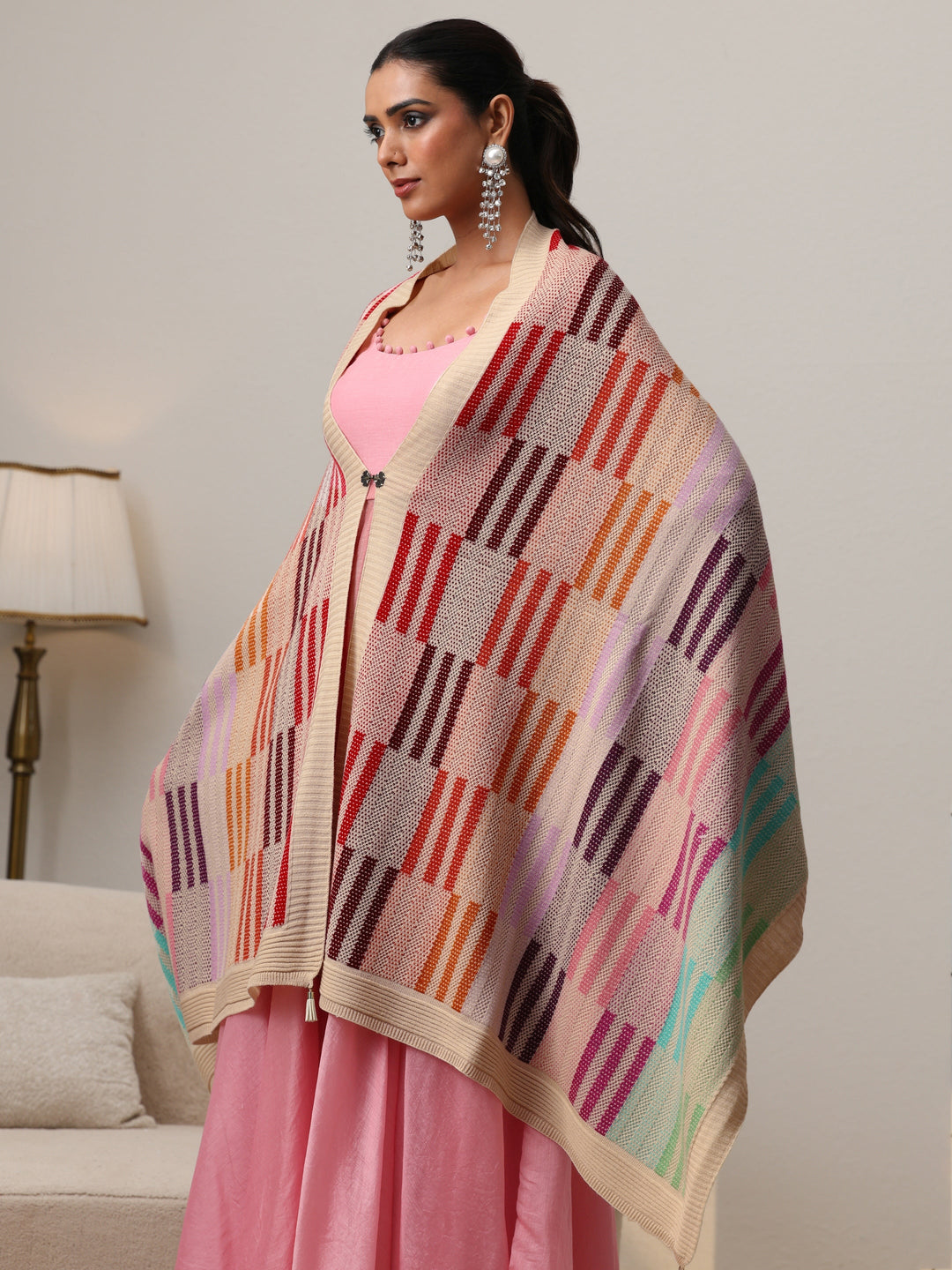  Libas Off White Geometric Knitted Acrylic Wrap Shawl 