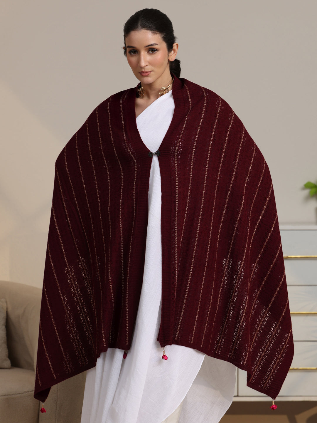  Libas Maroon Striped Knitted Acrylic Shawl 