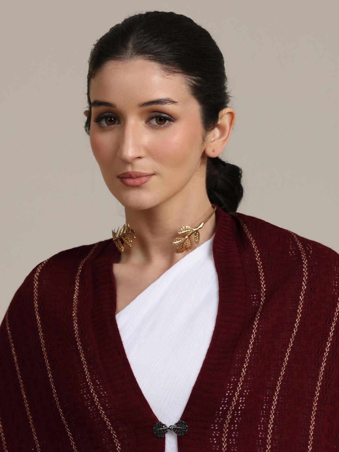  Libas Maroon Striped Knitted Acrylic Shawl 