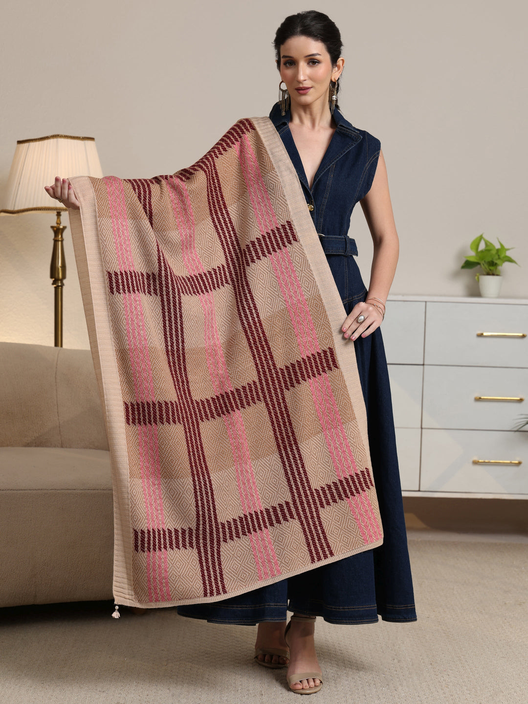  Libas Beige Geometric Knitted Acrylic Shawl 