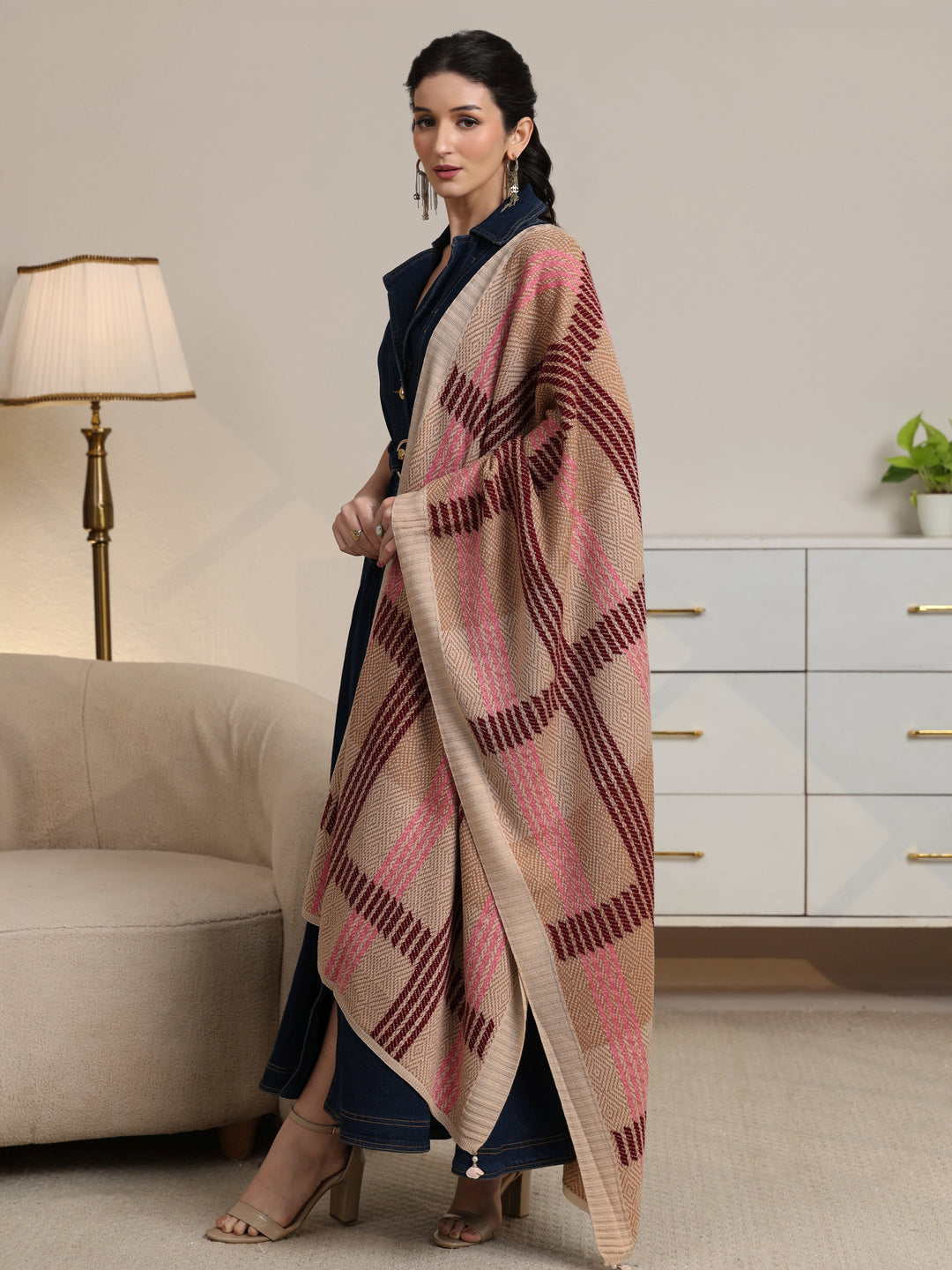  Libas Beige Geometric Knitted Acrylic Shawl 