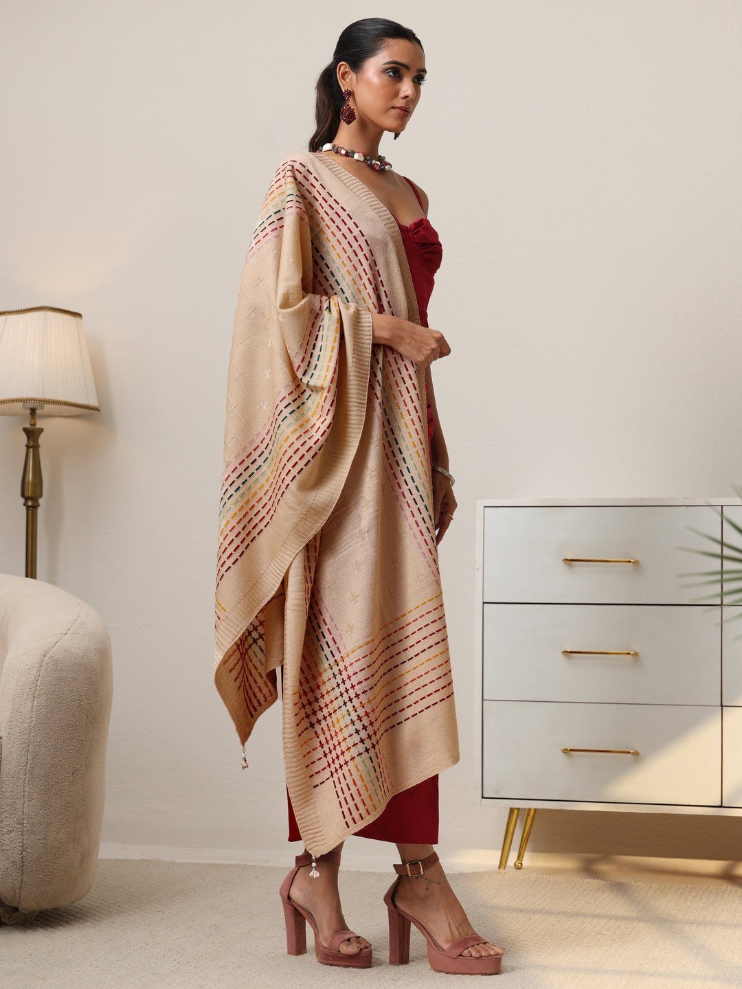  Libas Off White Geometric Knitted Acrylic Shawl 