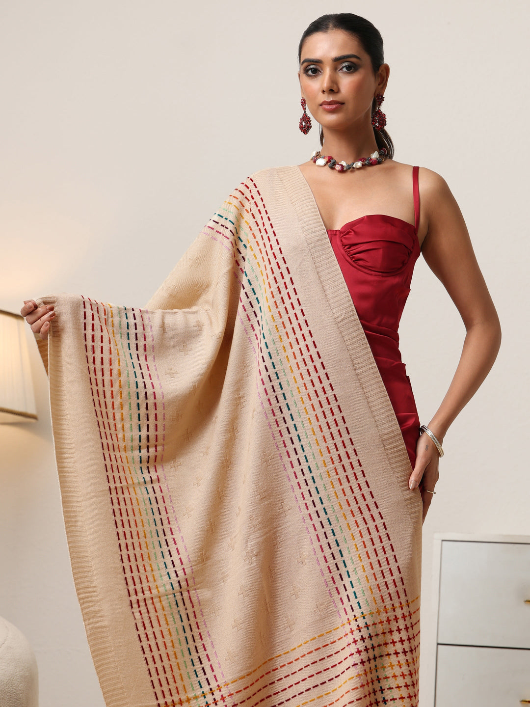  Libas Off White Geometric Knitted Acrylic Shawl 