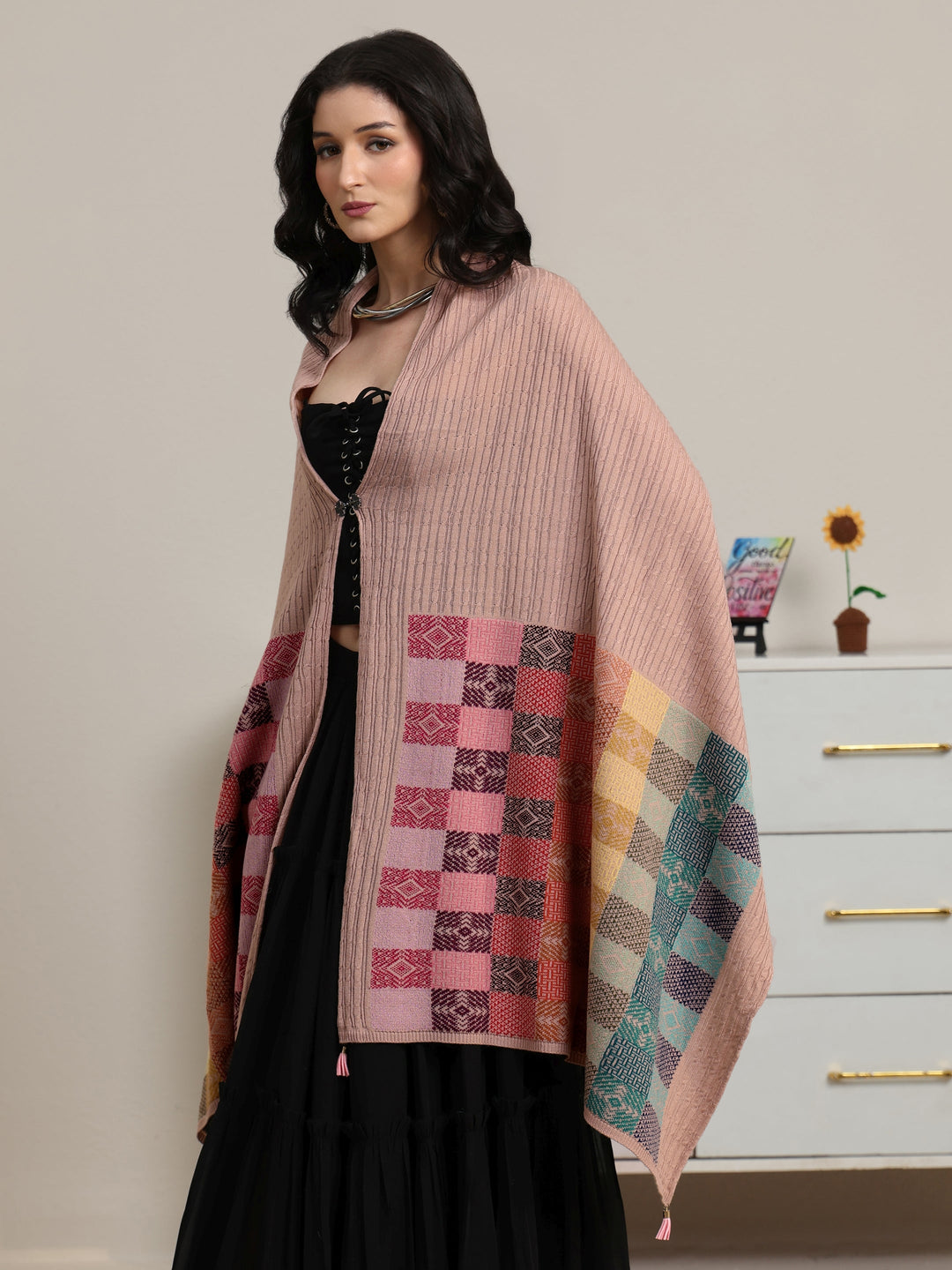  Libas Pink Ethnic Knitted Acrylic Shawl 