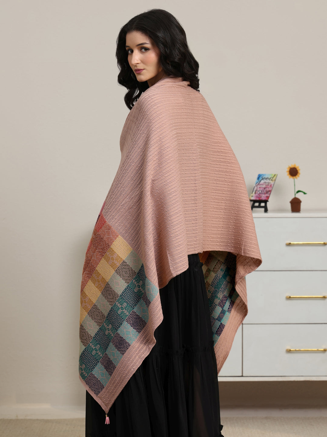  Libas Pink Ethnic Knitted Acrylic Shawl 