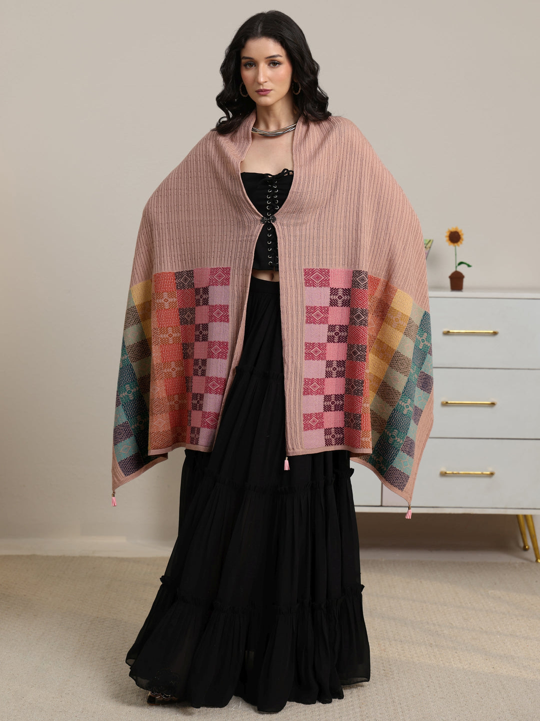  Libas Pink Ethnic Knitted Acrylic Shawl 