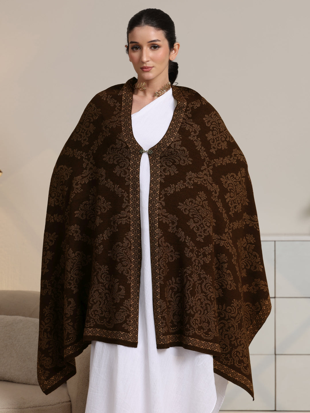  Libas Brown Ethnic Knitted Acrylic Wrap Shawl 