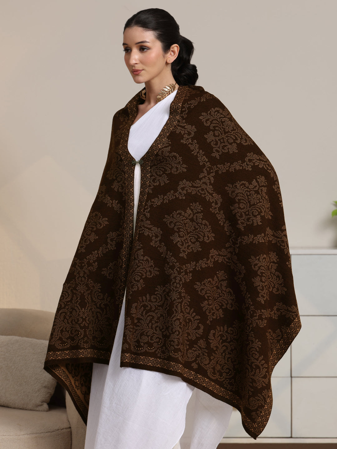  Libas Brown Ethnic Knitted Acrylic Wrap Shawl 