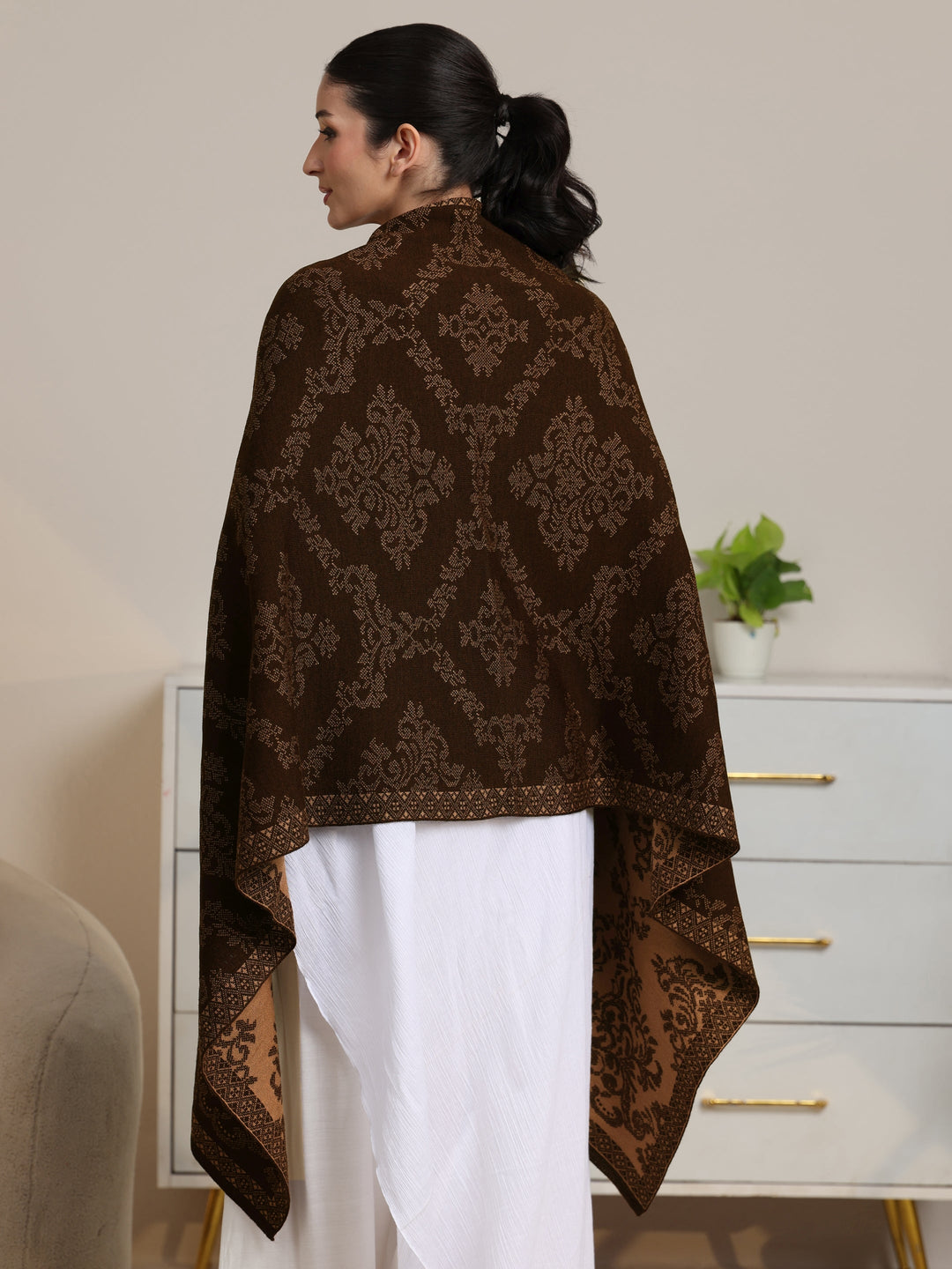  Libas Brown Ethnic Knitted Acrylic Wrap Shawl 