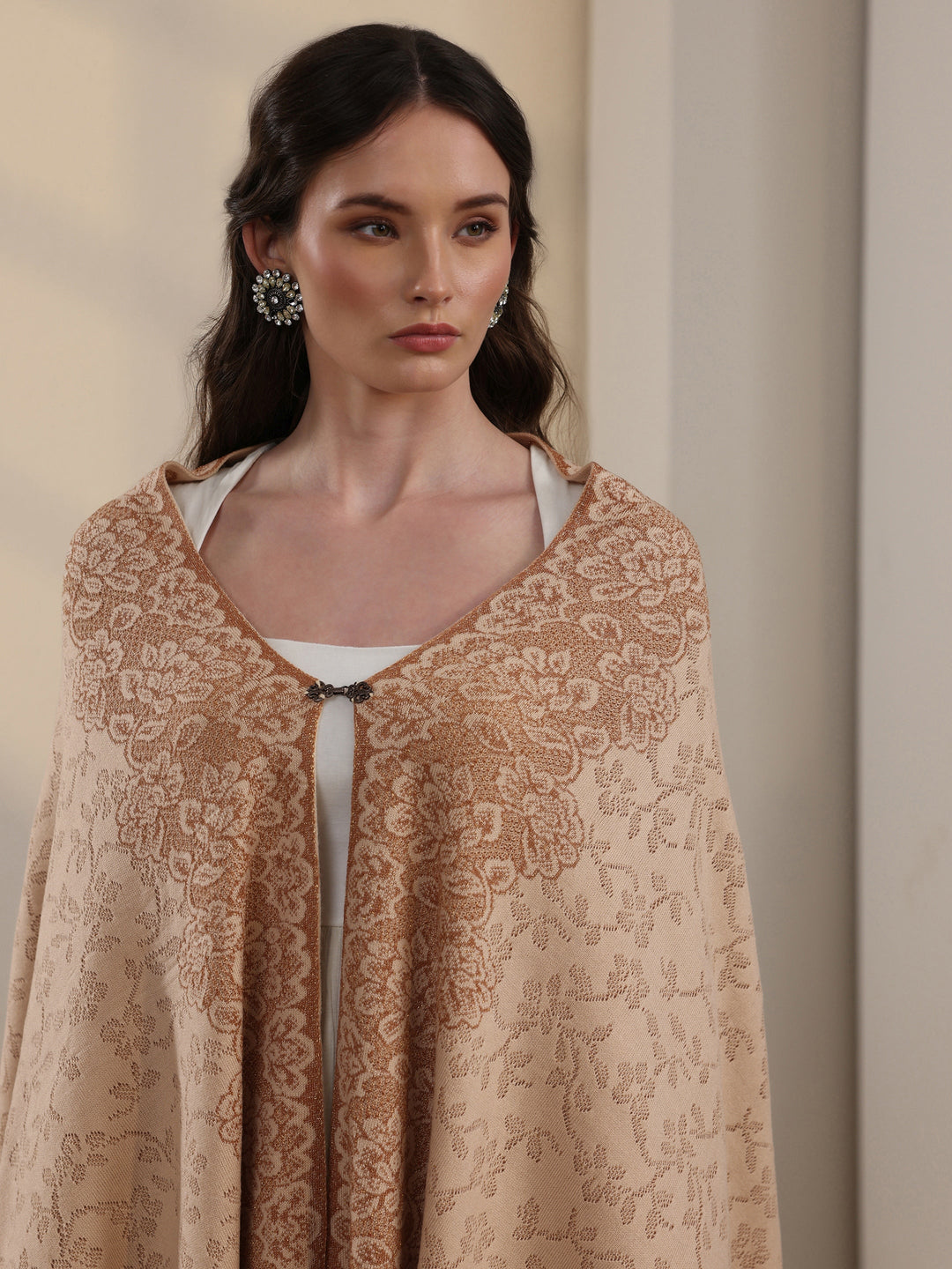  Libas Off White Floral Embroidered Acrylic Wrap Shawl 