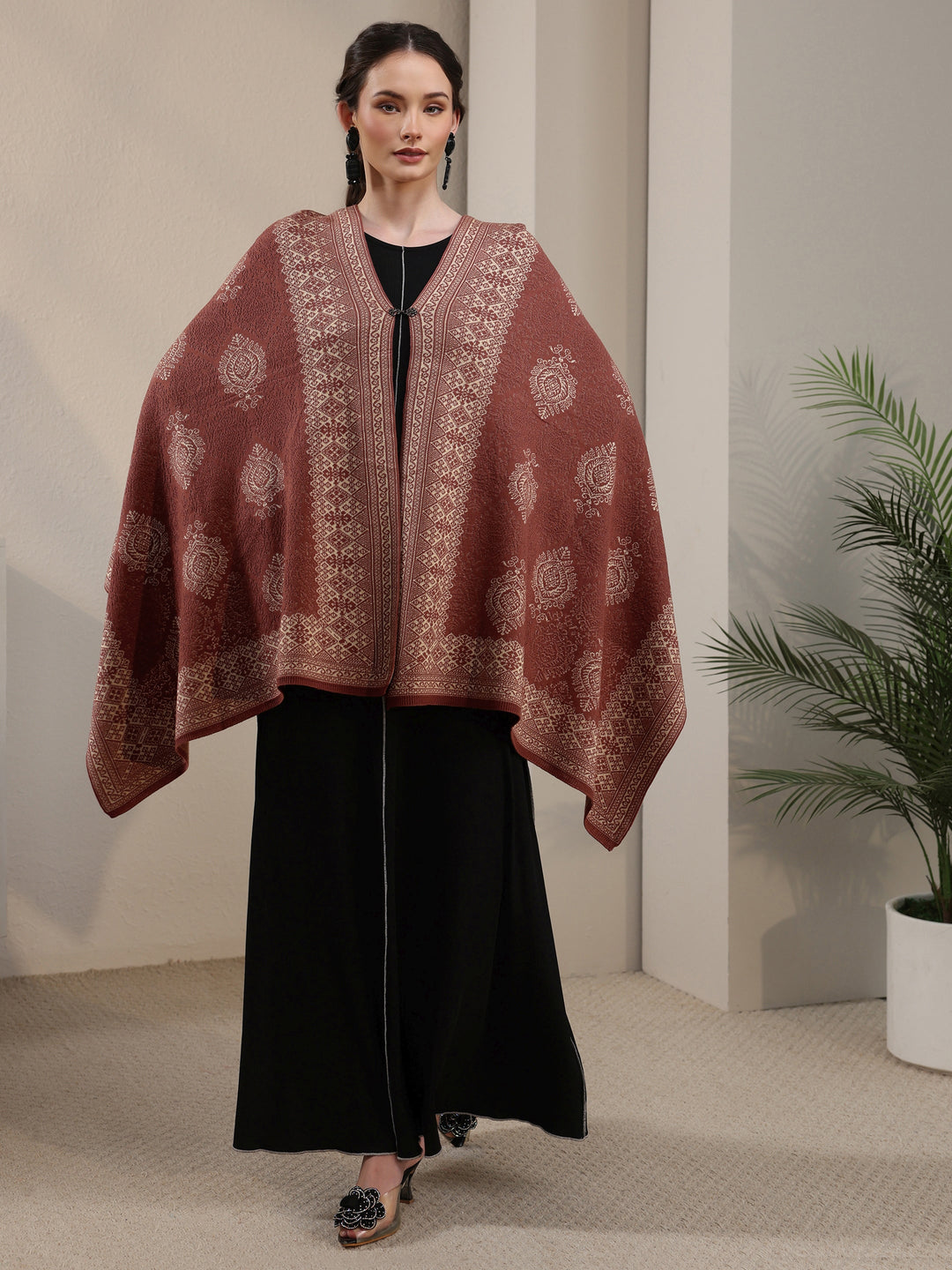  Libas Rust Brown Ethnic Embroidered Acrylic Wrap Shawl 