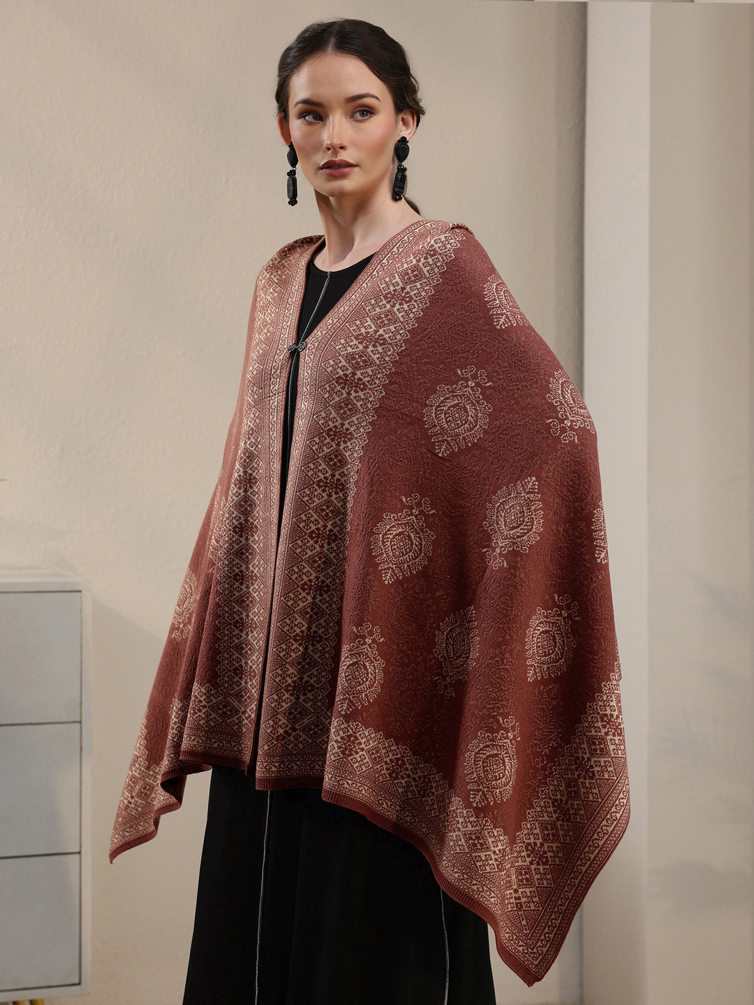  Libas Rust Brown Ethnic Embroidered Acrylic Wrap Shawl 
