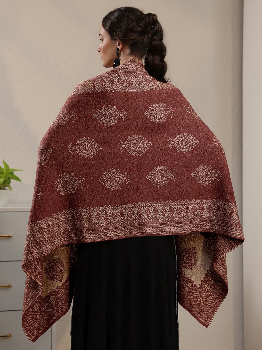  Libas Rust Brown Ethnic Embroidered Acrylic Wrap Shawl 