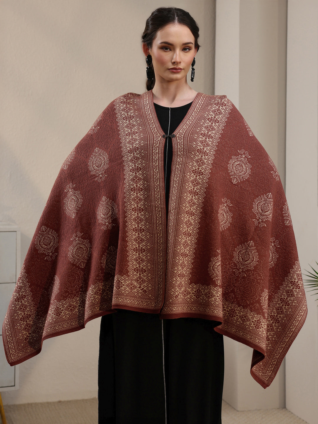  Libas Rust Brown Ethnic Embroidered Acrylic Wrap Shawl 