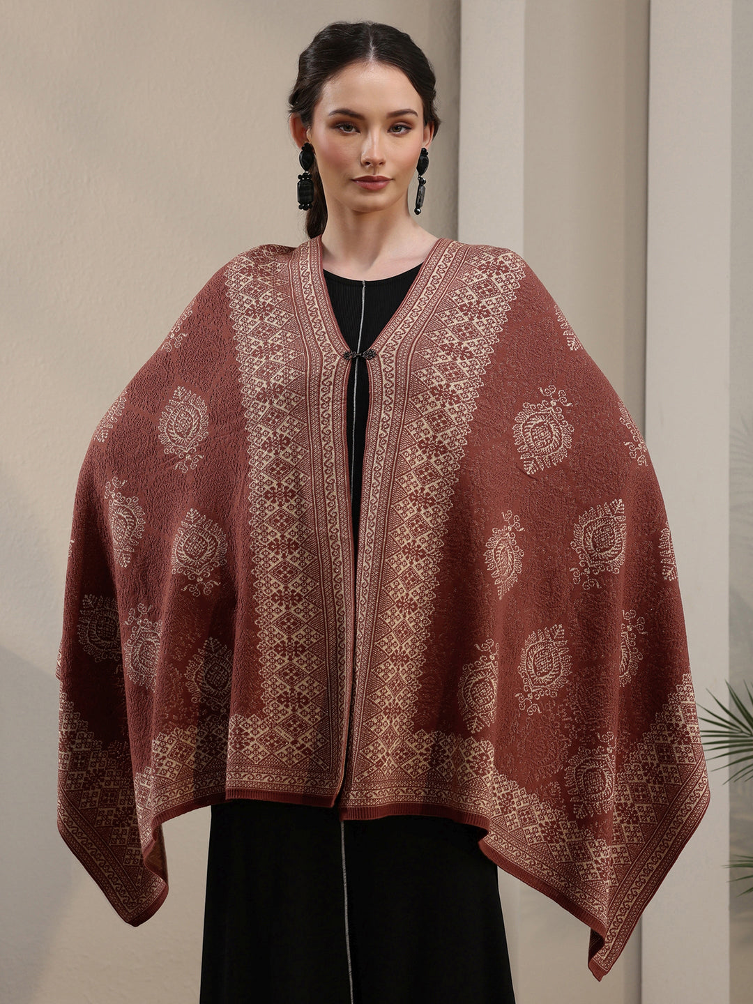  Libas Rust Brown Ethnic Embroidered Acrylic Wrap Shawl 