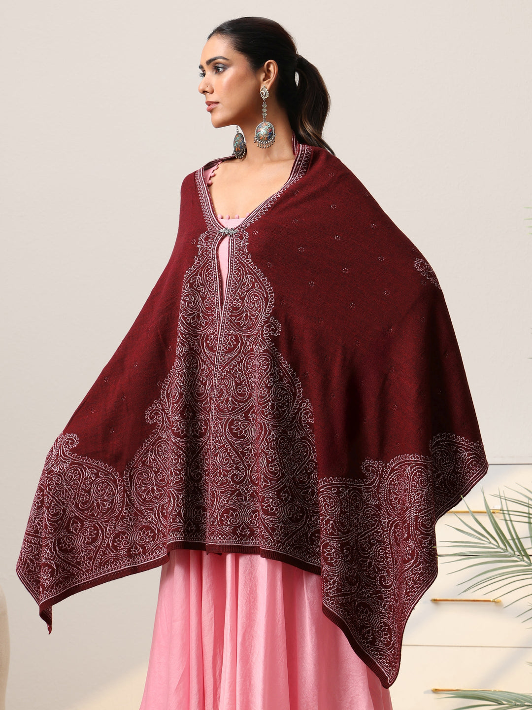  Libas Maroon Knitted Acrylic Wrap Shawl 