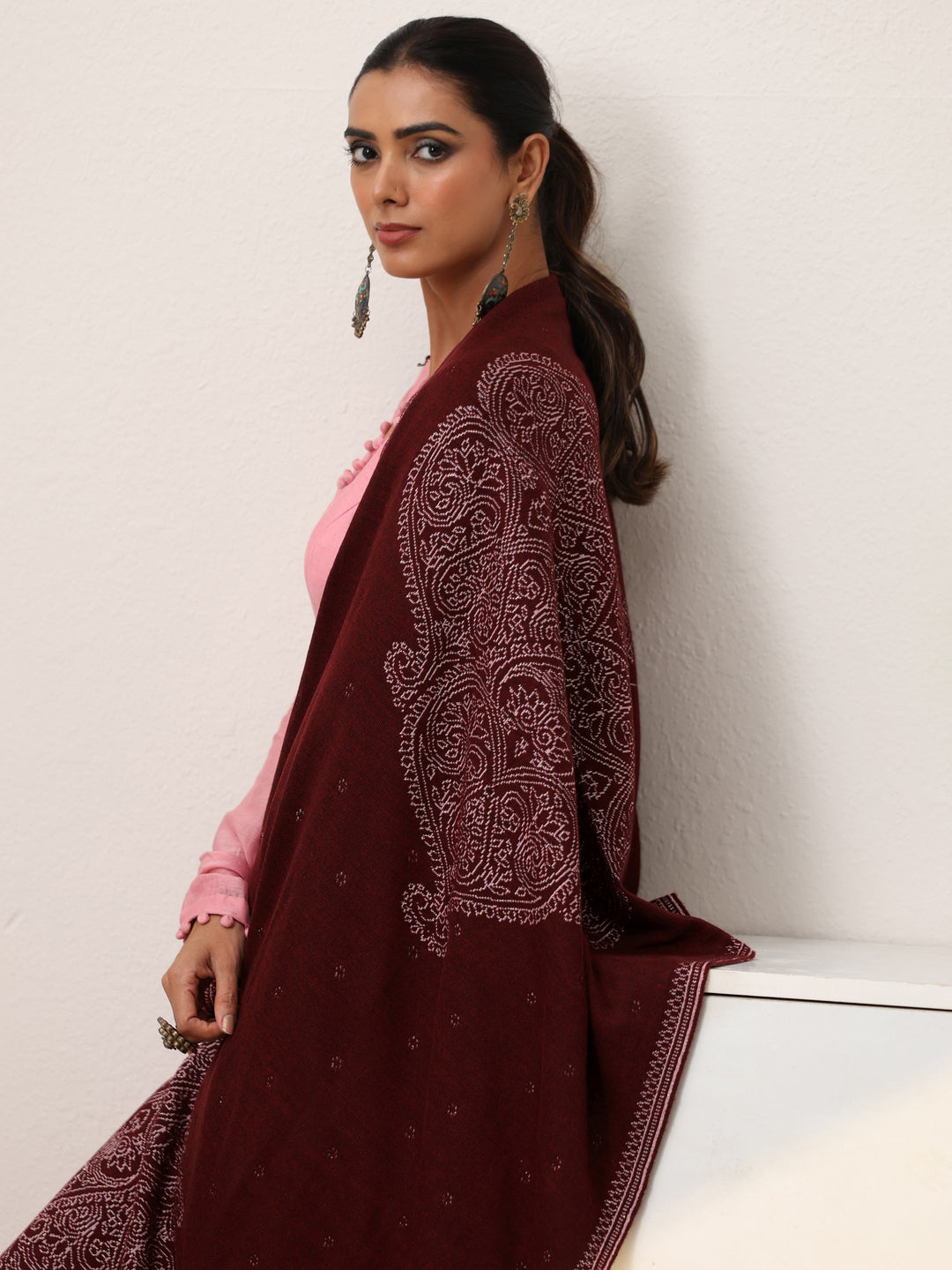  Libas Maroon Knitted Acrylic Wrap Shawl 