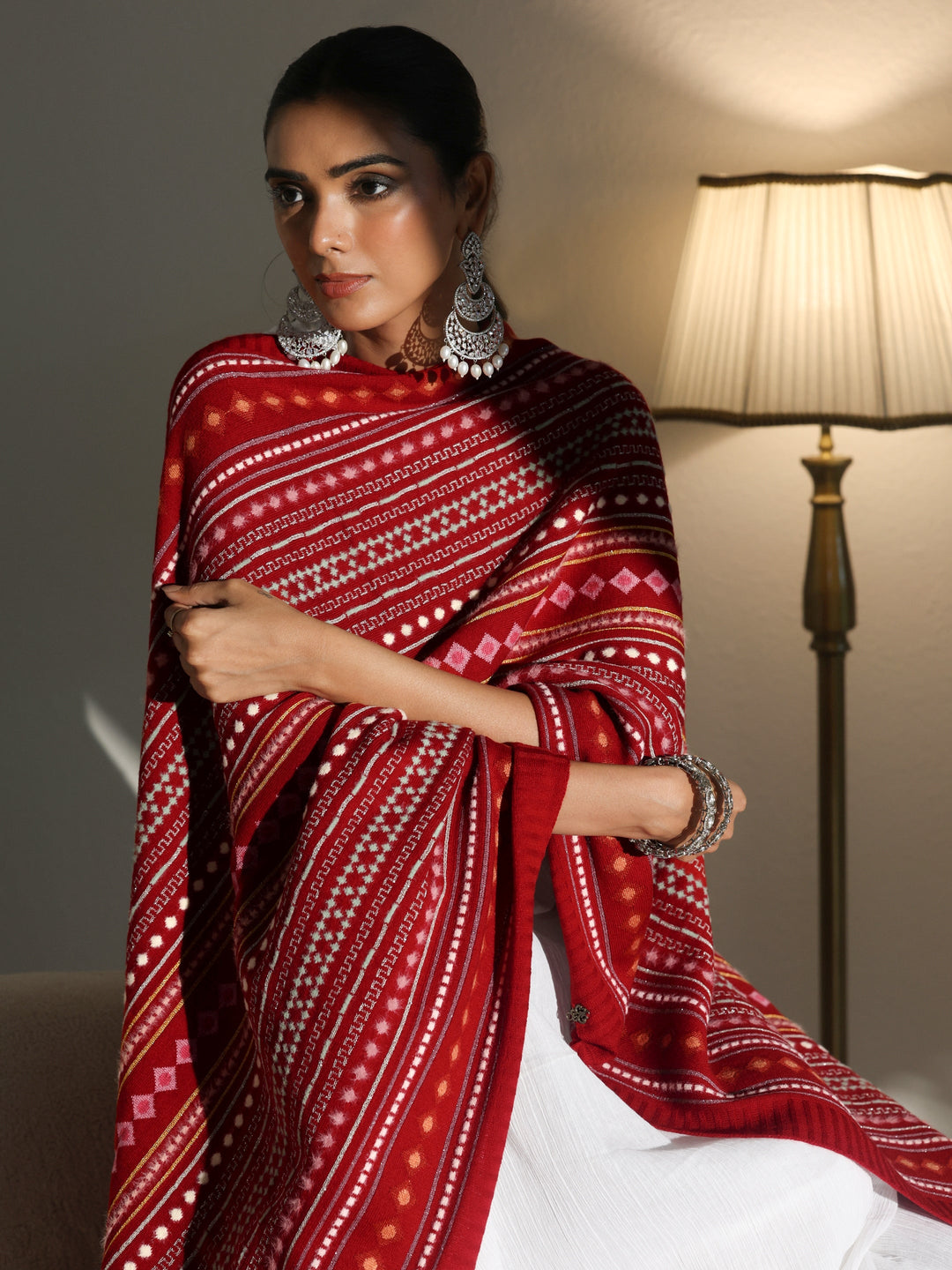  Libas Crimson Red Geometric Knitted Acrylic Wrap Shawl 