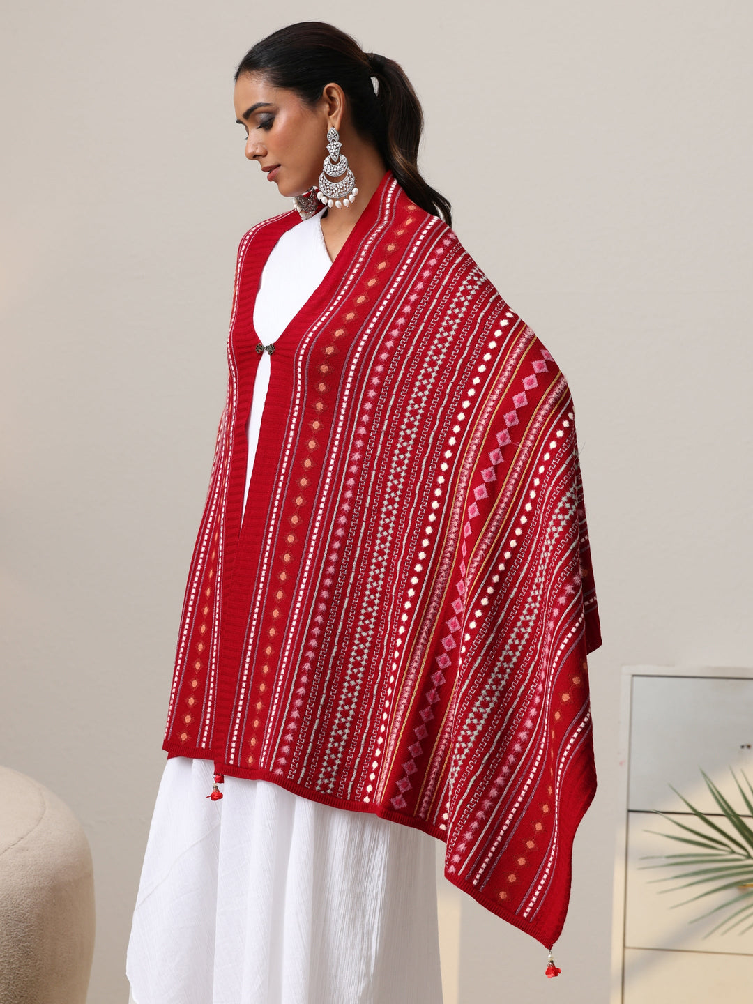  Libas Crimson Red Geometric Knitted Acrylic Wrap Shawl 