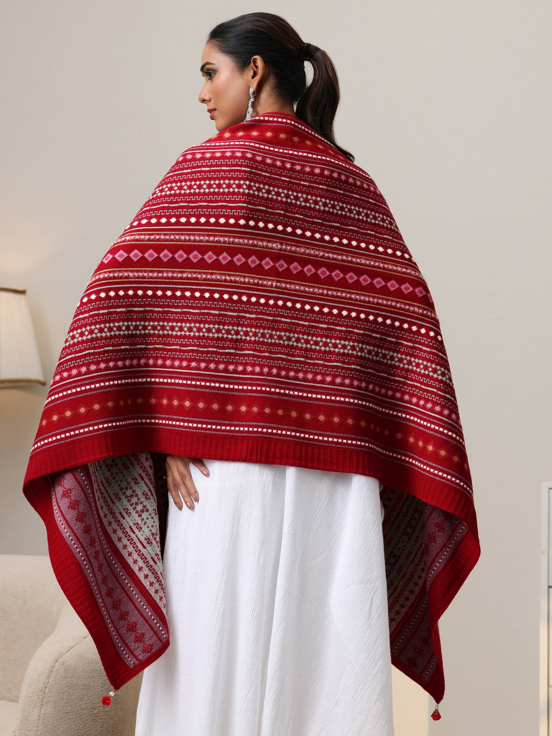  Libas Crimson Red Geometric Knitted Acrylic Wrap Shawl 