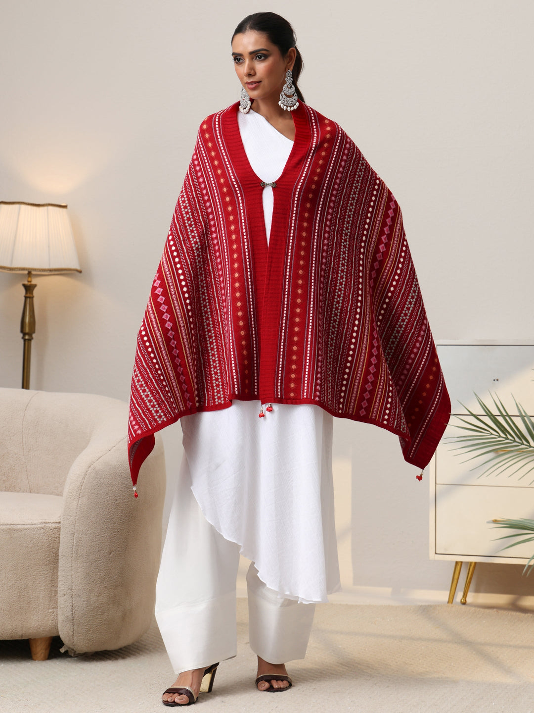  Libas Crimson Red Geometric Knitted Acrylic Wrap Shawl 
