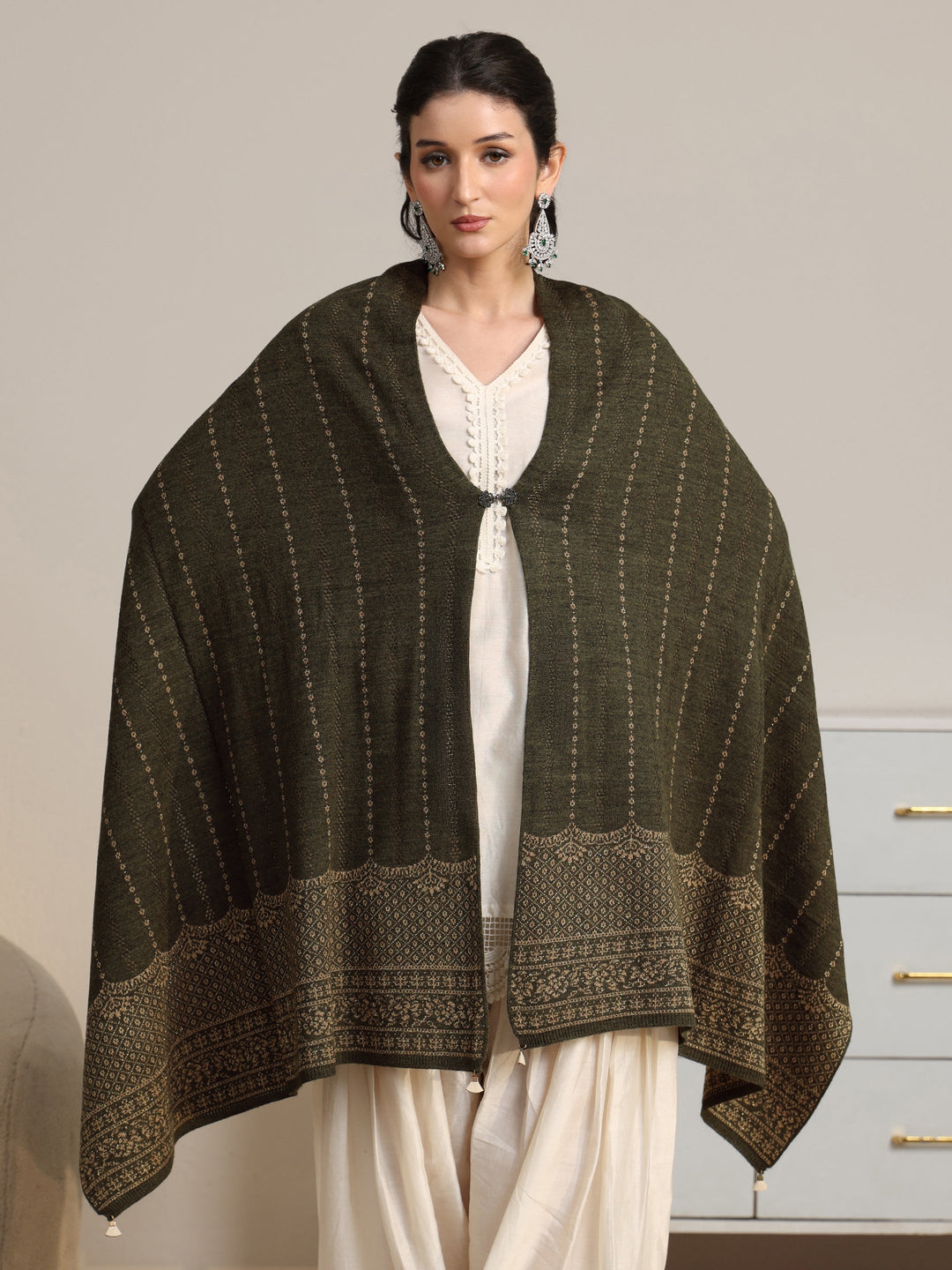  Libas Olive Green Embrodiered Acrylic Wrap Shawl 